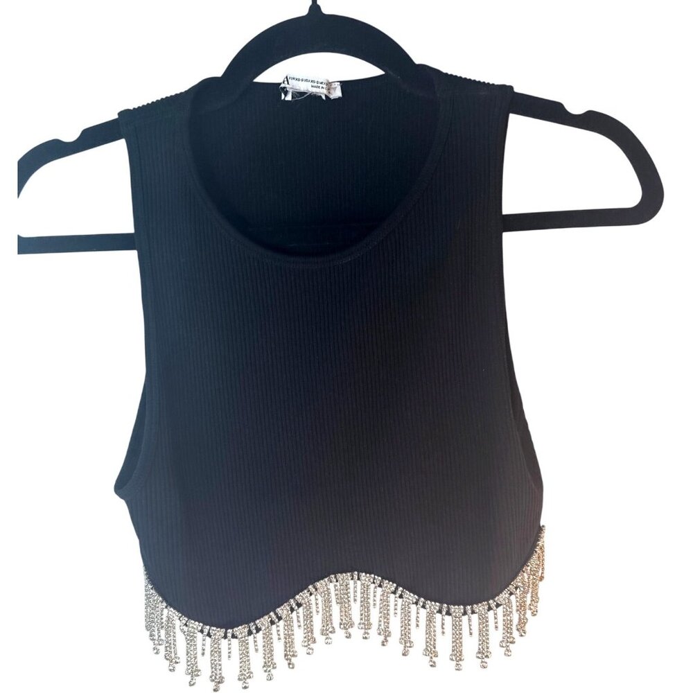 2/$30 ZARA Ribbed XS-S  Black Tank Top With Rhinestone Fringe Hem - Picture 2 of 11